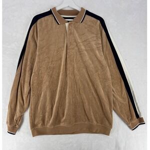 Knightsbridge Velour Polo Shirt Mens Medium Brown Striped Long Sleeve Retro